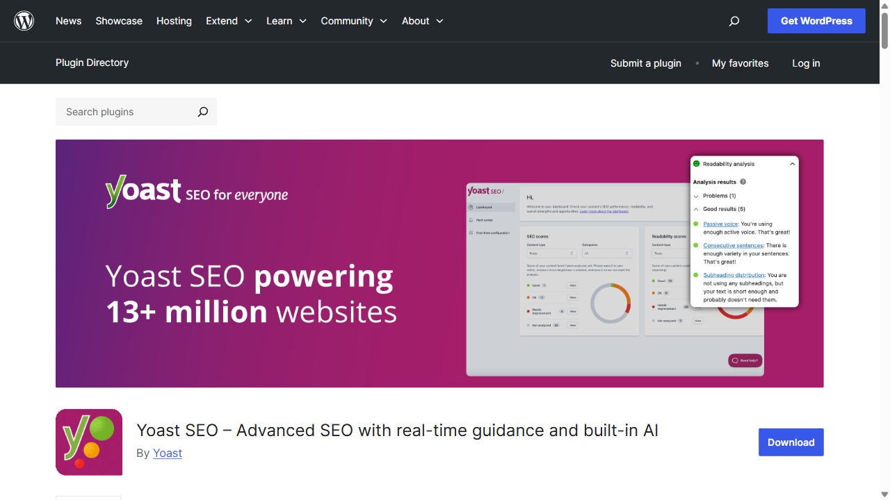 WordPress 插件目录：Yoast SEO 插件页面（用于确认插件来源）